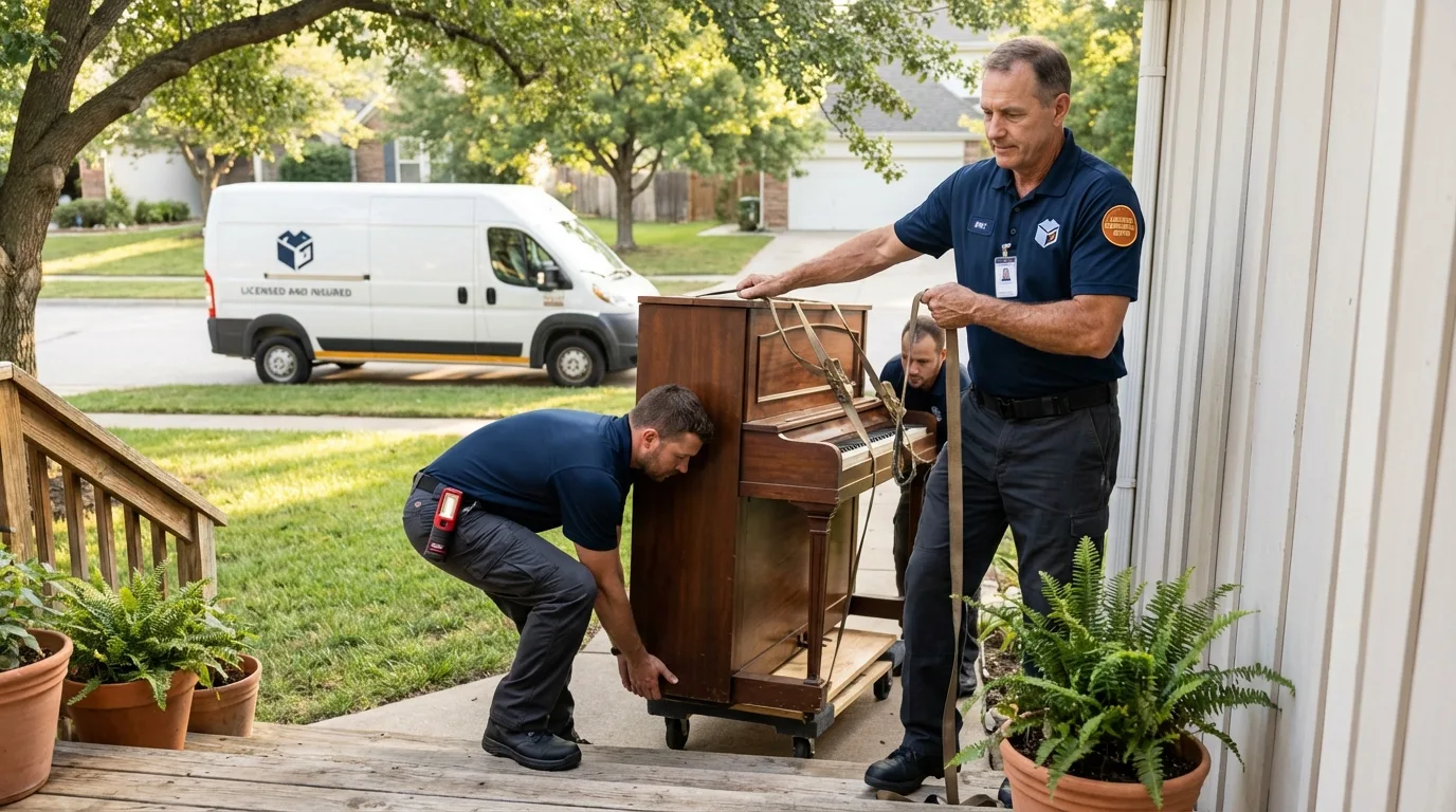 Licensed piano movers securing grand piano in Paynesville, MN