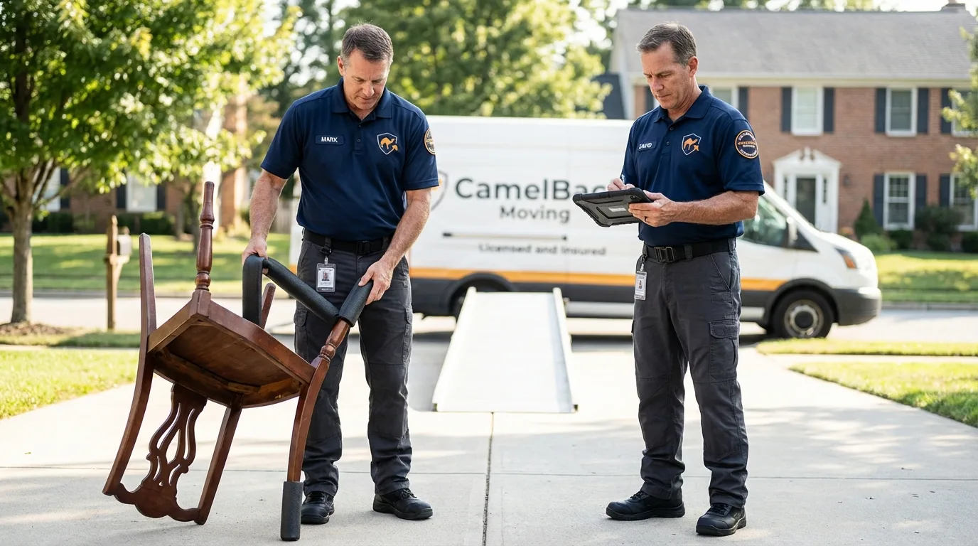 Movers inspecting furniture for damage prevention before loading in Paynesville, MN