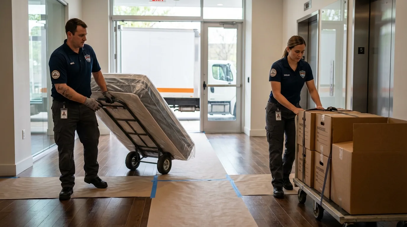 Professional apartment movers loading elevator in Paynesville, MN